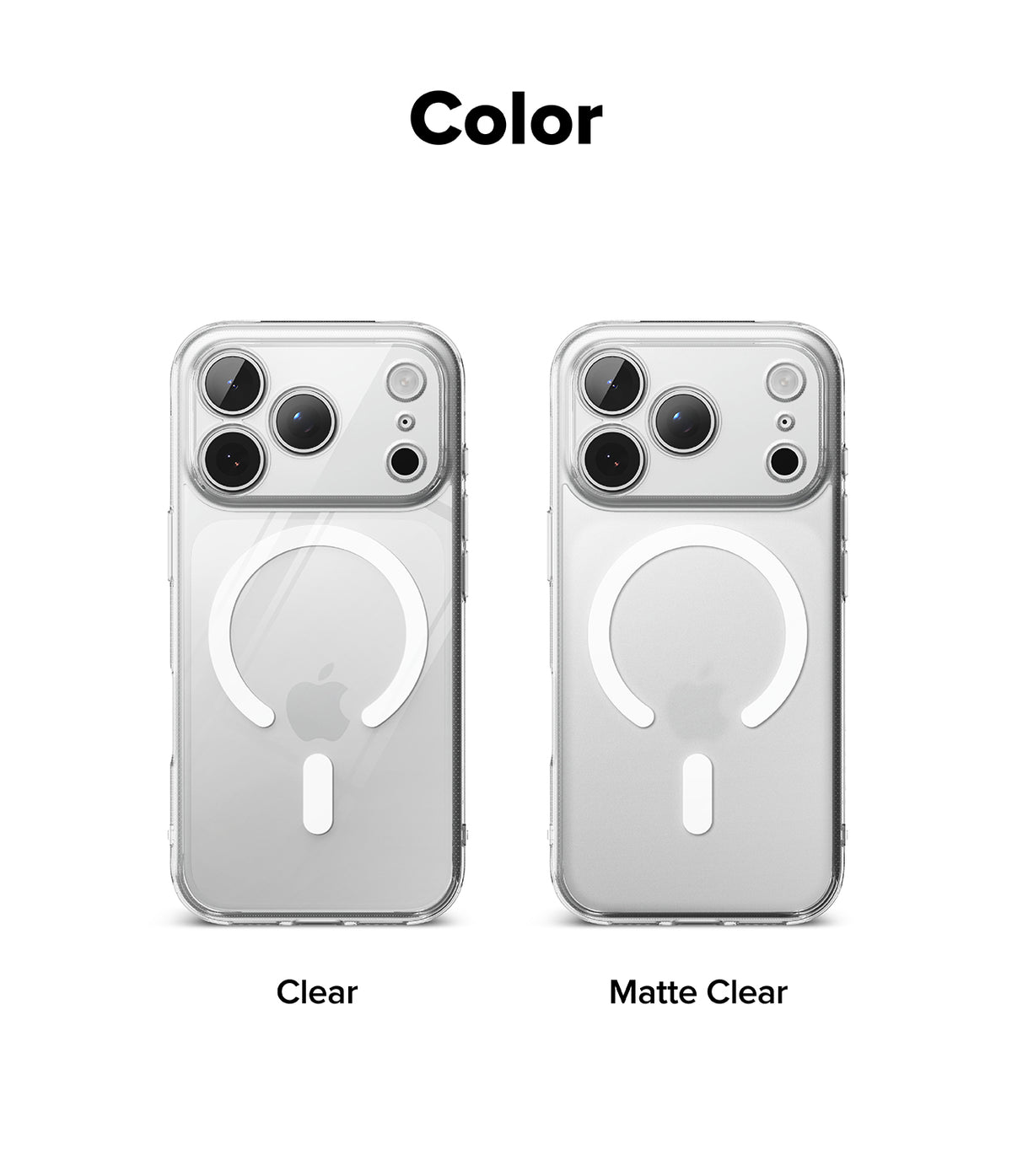 iPhone 18 Pro Case | Fusion Magnetic - Two phone cases, one clear and one matte clear, on a white background with 'Color' text above.