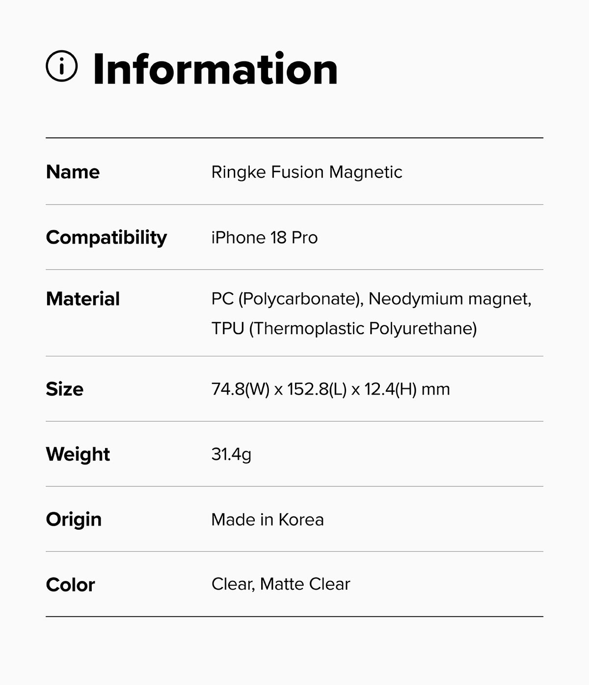 iPhone 18 Pro Case | Fusion Magnetic - Product information card for Ringke Fusion Magnetic case with specifications.