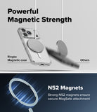 iPhone 18 Pro Case | Fusion Magnetic - Promotional graphic for a transparent magnetic phone case with a circular MagSafe ring. The top half shows the case with a phone attached, labeled 'Ringke Magnetic case,' with text emphasizing powerful magnetic strength.