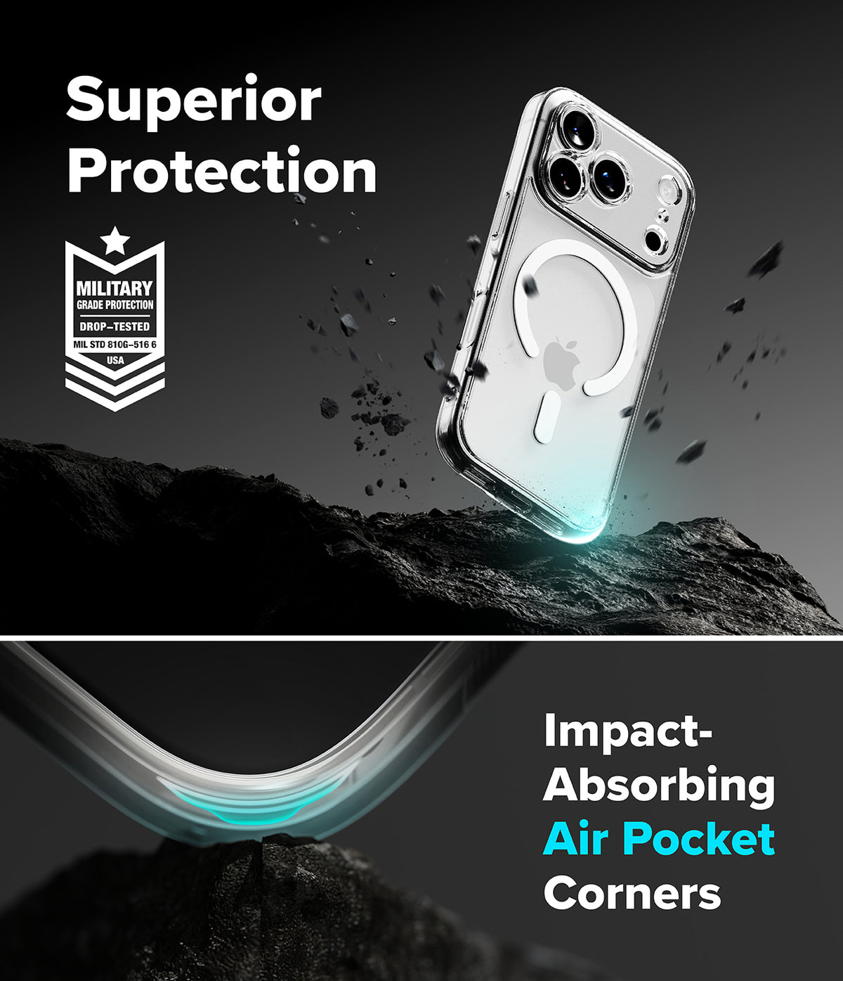 iPhone 18 Pro Case | Fusion Magnetic - A clear protective phone case shown on a smartphone, with marketing text reading 'Superior Protection' and 'Impact-Absorbing Air Pocket Corners.' The design includes a military impact-absorbing badge and a dramatic dark background with floating debris and a curved transparent corner detail.
