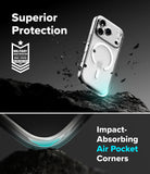 iPhone 18 Pro Case | Fusion Magnetic - A clear protective phone case shown on a smartphone, with marketing text reading 'Superior Protection' and 'Impact-Absorbing Air Pocket Corners.' The design includes a military impact-absorbing badge and a dramatic dark background with floating debris and a curved transparent corner detail.