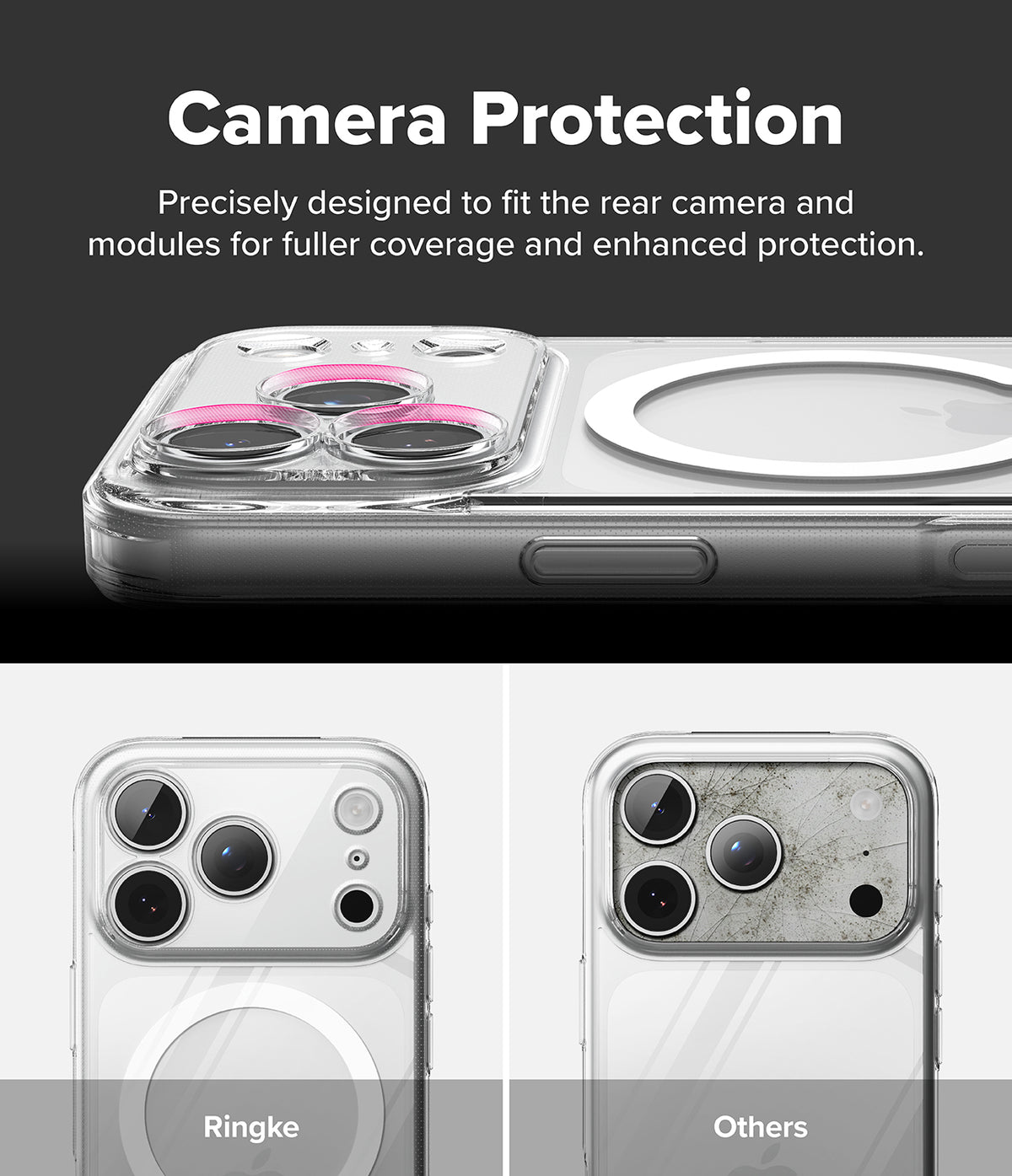 iPhone 18 Pro Case | Fusion Magnetic - Promotional graphic for a clear camera protection case for a smartphone. The top section shows the case installed on a phone, with a pink ring accent around the camera cutout and text reading 'Camera Protection.