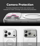 iPhone 18 Pro Case | Fusion Magnetic - Promotional graphic for a clear camera protection case for a smartphone. The top section shows the case installed on a phone, with a pink ring accent around the camera cutout and text reading 'Camera Protection.