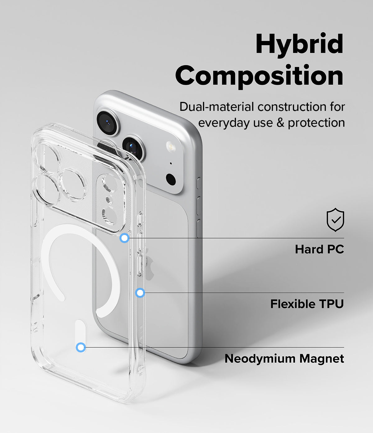 iPhone 18 Pro Case | Fusion Magnetic - Transparent hybrid phone case shown in front of a silver smartphone on a light gray background, with text callouts reading 'Hybrid Composition,' 'Hard PC,' 'Flexible TPU,' and 'Neodymium Magnet.'.