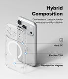 iPhone 18 Pro Case | Fusion Magnetic - Transparent hybrid phone case shown in front of a silver smartphone on a light gray background, with text callouts reading 'Hybrid Composition,' 'Hard PC,' 'Flexible TPU,' and 'Neodymium Magnet.'.