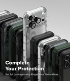 iPhone 18 Pro Case | Onyx - A promotional product image showing multiple smartphone cases arranged in a fan-like stack, including transparent, black, gray, and dark green options. The center case is clear with a black camera ring accessory visible.