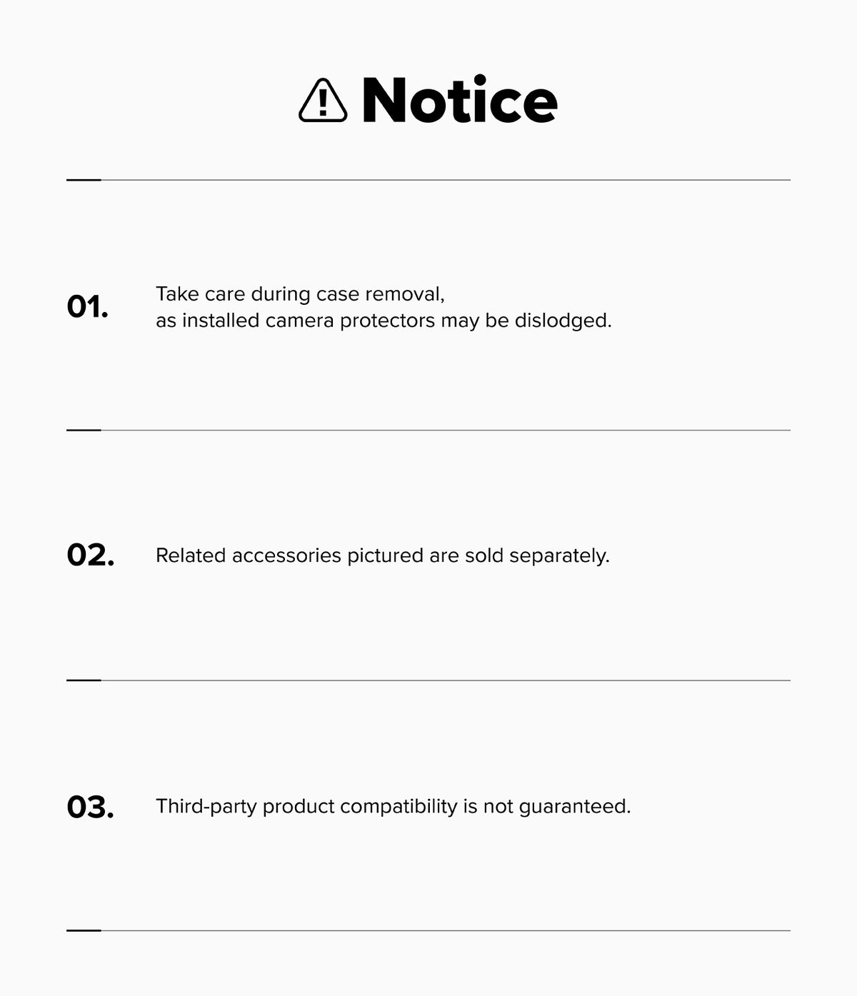 iPhone 18 Pro Case | Onyx - A white notice card with black text and a warning icon at the top, listing three important reminders about case removal, sold accessories, and third-party compatibility.