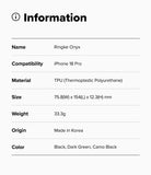 iPhone 18 Pro Case | Onyx - Product information card for Ringke Onyx case with compatibility details.