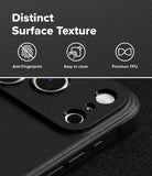 iPhone 18 Pro Case | Onyx - Black textured phone case with camera cutouts, shown on a dark background with marketing text reading 'Distinct Surface Texture' and icons for anti-fingerprint, easy to clean, and premium TPU.