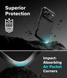 iPhone 18 Pro Case | Onyx - Phone case with 'Superior Protection' and 'Impact-Absorbing Air Pocket Corners' text on a dark background.