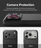 iPhone 18 Pro Case | Onyx - Promotional graphic for a phone camera protection case. The top section shows a black case with a raised camera module and three magenta ring accents, under the text 'Camera Protection.