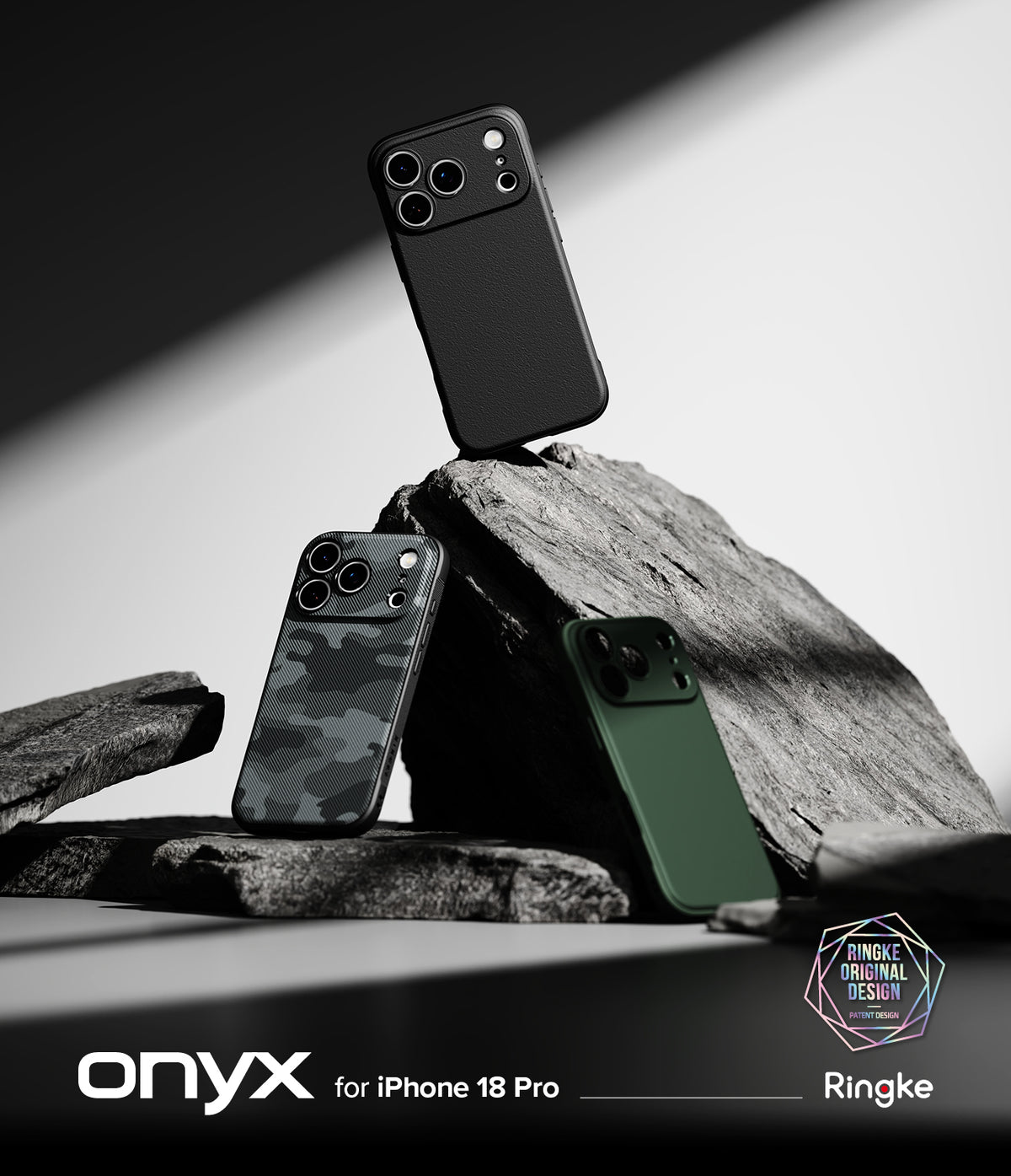 iPhone 18 Pro Case | Onyx - Three phone cases displayed on dark rocks: a black case standing upright, a dark gray camouflage case leaning, and a matte green case lying flat. The image includes the text 'onyx for iPhone 18 Pro' and a 'Ringke Original Design' logo.