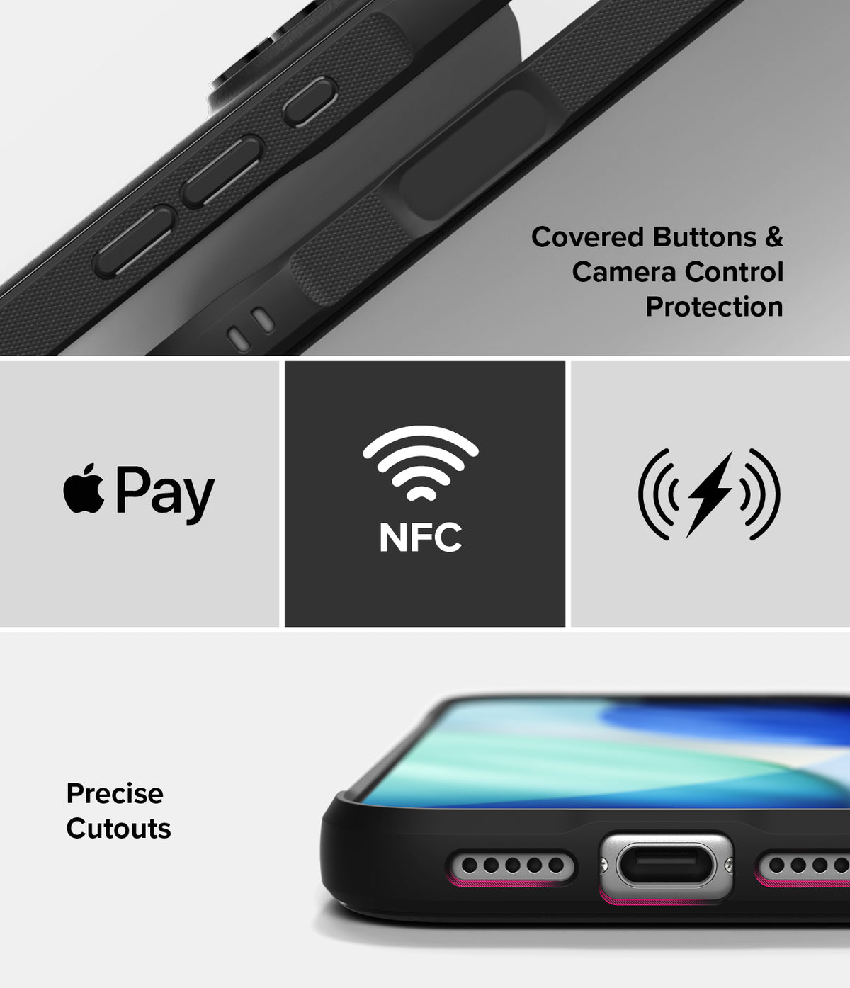 iPhone 18 Pro Case | Onyx - A black protective phone case shown in a composite marketing graphic with feature callouts: covered buttons and camera control protection, compatibility with Apple Pay and NFC, and precise cutouts. The image includes close-up views of the case edges and the bottom port area with pink accent lines.