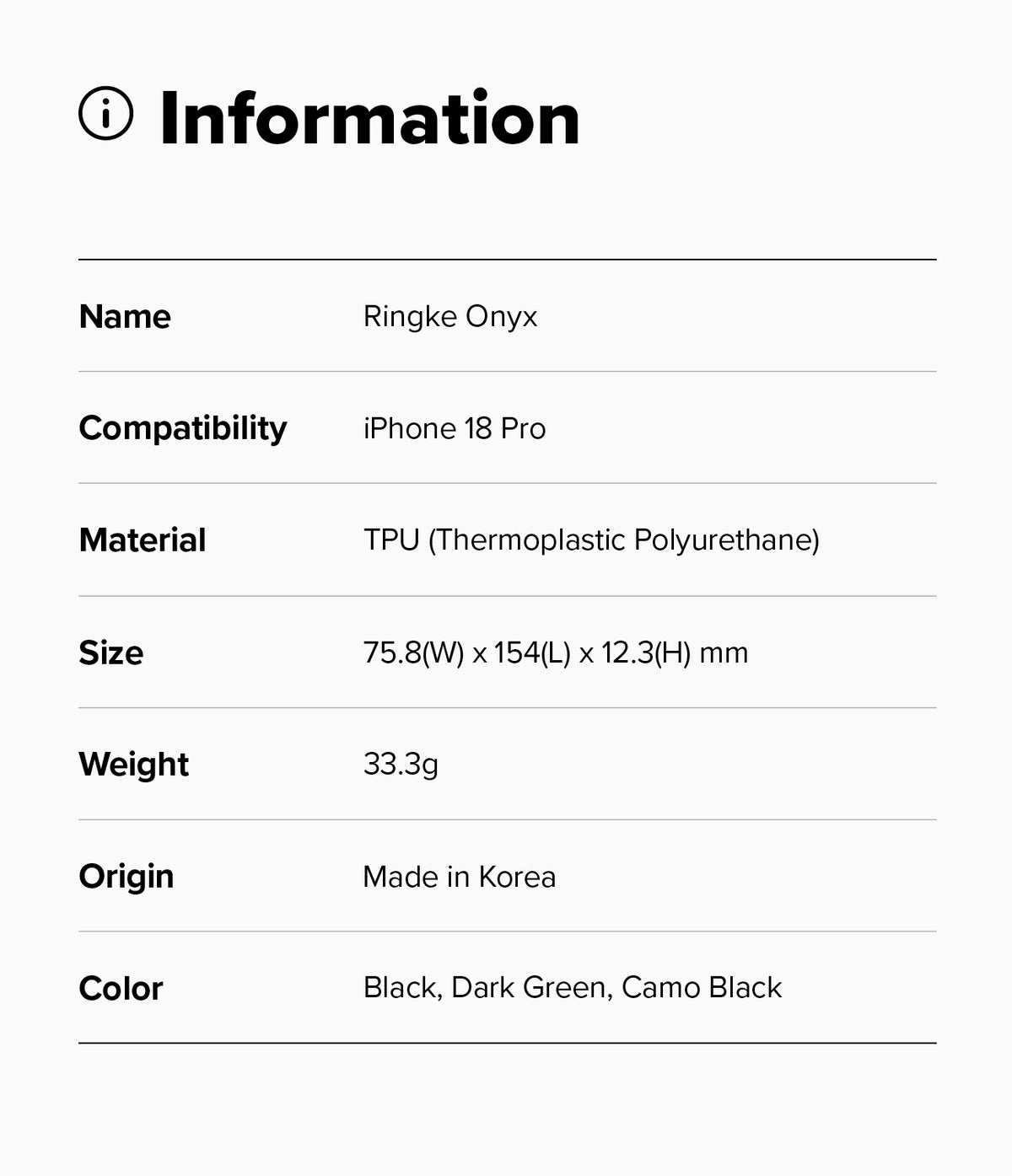 iPhone 18 Pro Case | Onyx - Product information card for Ringke Onyx case with specifications on a white background