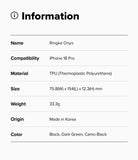 iPhone 18 Pro Case | Onyx - Product information card for Ringke Onyx case with specifications on a white background