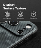 iPhone 18 Pro Case | Onyx - A close-up of a phone case with a dark carbon-fiber-style textured surface, shown on a phone. The top half includes marketing text reading 'Distinct Surface Texture' with icons for Anti-Fingerprint, Easy to clean, and Premium TPU.
