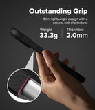 iPhone 18 Pro Case | Onyx - A hand holds a slim black phone case against a dark gray background, with text reading 'Outstanding Grip' and product specs including weight 38.7g and thickness 2.