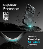 iPhone 18 Pro Case | Onyx - A smartphone case with a dark gray and black camouflage pattern is shown floating above dark rocks in a dramatic studio-style graphic. Text reads 'Superior Protection' with a military drop-test badge, and the lower section says 'Impact-Absorbing Air Pocket Corners.