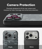 iPhone 18 Pro Case | Onyx - Promotional graphic for a phone camera protection case. The top section shows a close-up of a dark gray textured camera bumper with three circular camera lens protectors, under the text 'Camera Protection'.