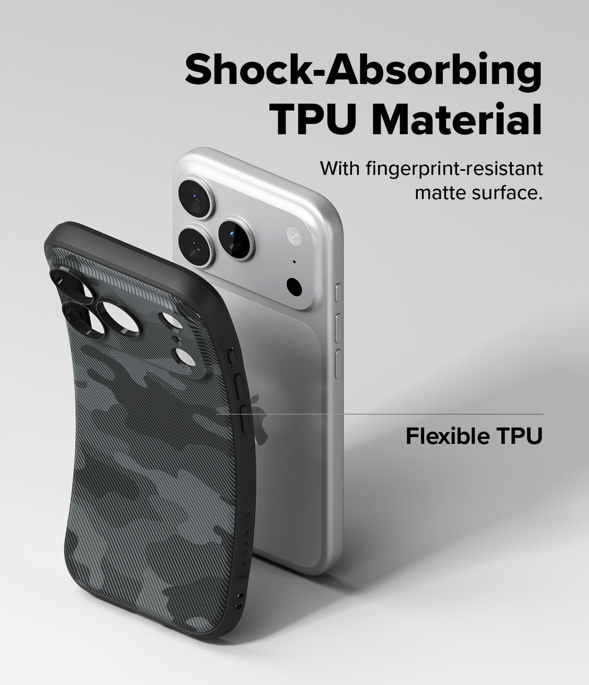 iPhone 18 Pro Case | Onyx - Black phone case with text about shock-absorbing TPU material on a white background