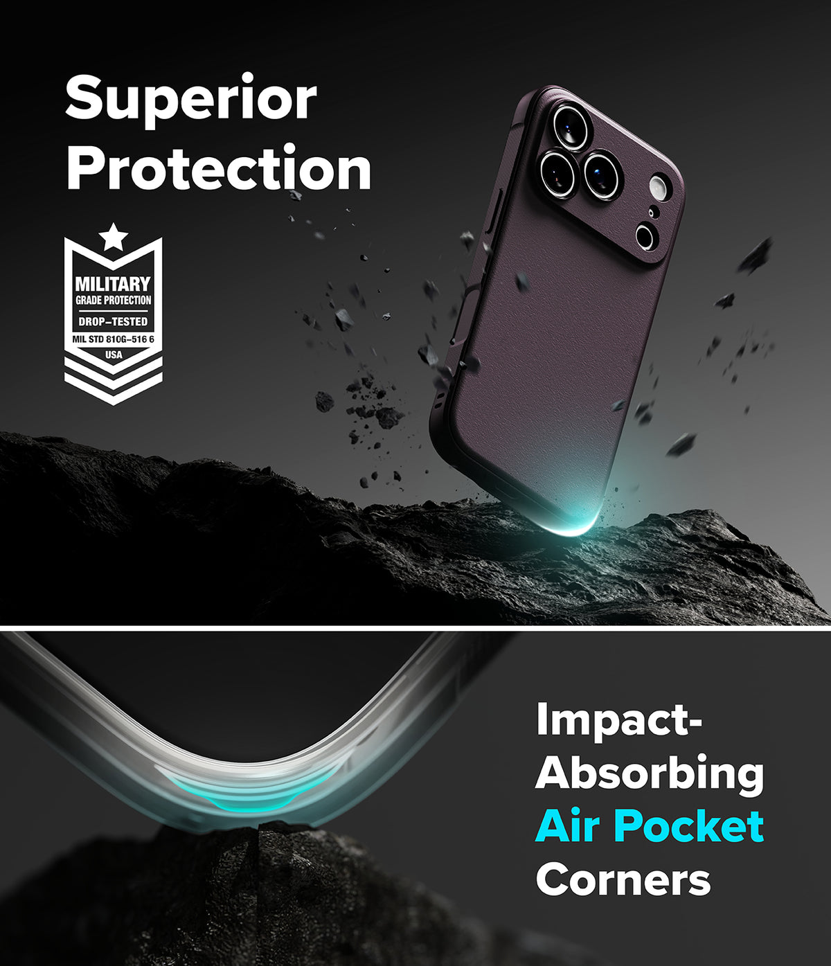 iPhone 18 Pro | Onyx - A dark phone case shown floating above a rocky surface with debris, under the text 'Superior Protection' and a military drop-test badge. The lower section shows a curved corner with glowing teal air-pocket detailing and the text 'Impact-Absorbing Air Pocket Corners.
