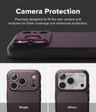 iPhone 18 Pro | Onyx - A dark purple phone case with a raised camera module and three circular camera lens protectors, shown above two smaller views labeled Ringke and Others. Text at the top reads 'Camera Protection' and describes precise fit and enhanced protection.