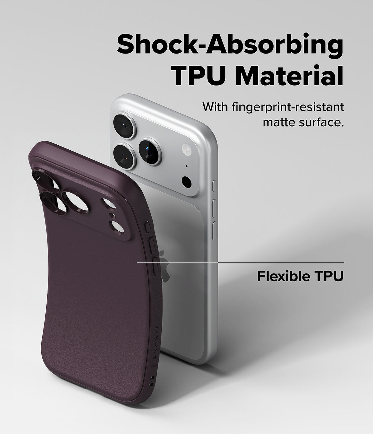 iPhone 18 Pro | Onyx - A dark plum purple phone case shown in front of a silver smartphone on a light gray background, with marketing text reading 'Shock-Absorbing TPU Material' and 'Flexible TPU'.