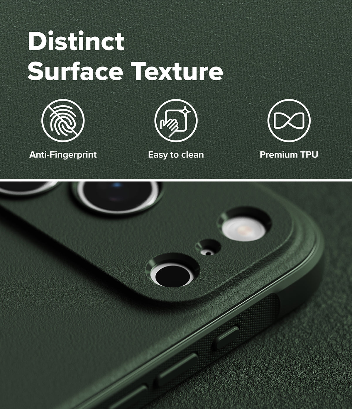 iPhone 18 Pro Case | Onyx - Dark green textured phone case with camera cutouts, shown with marketing text reading 'Distinct Surface Texture' and icons for anti-fingerprint, easy to clean, and premium TPU.