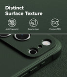 iPhone 18 Pro Case | Onyx - Dark green textured phone case with camera cutouts, shown with marketing text reading 'Distinct Surface Texture' and icons for anti-fingerprint, easy to clean, and premium TPU.