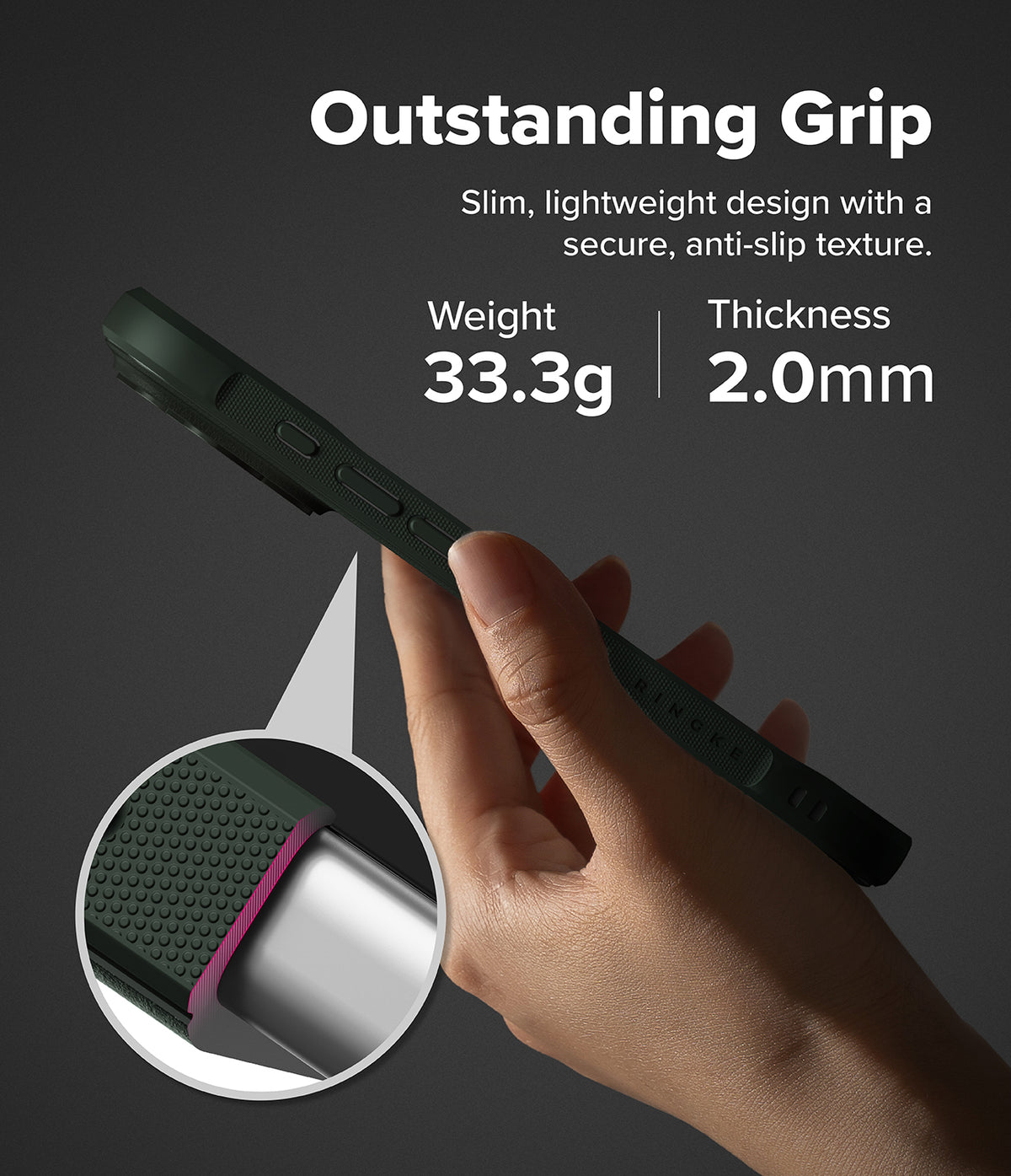 iPhone 18 Pro Case | Onyx - A hand holds a dark green phone case against a dark gray background, with text highlighting its outstanding grip, slim lightweight design, weight of 33.3g, and thickness of 2.