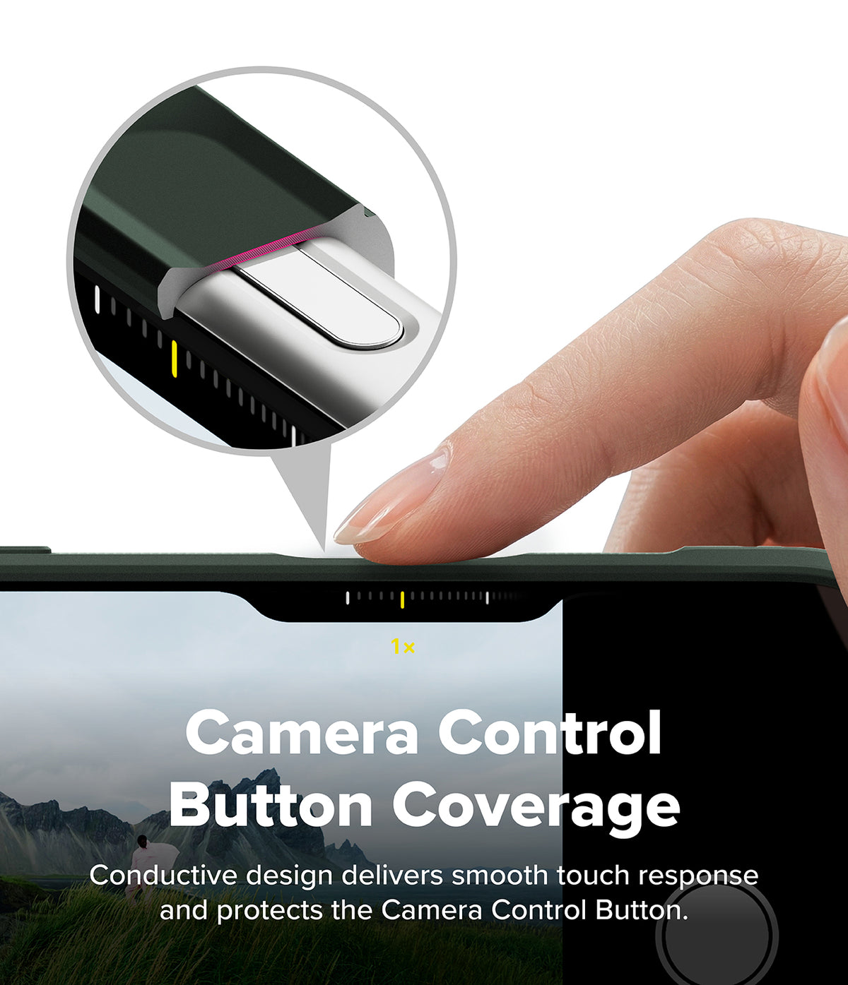 iPhone 18 Pro Case | Onyx - Close-up of a hand pressing the camera control button on the top edge of a smartphone, with a circular inset showing the button coverage detail and text reading 'Camera Control Button Coverage'.