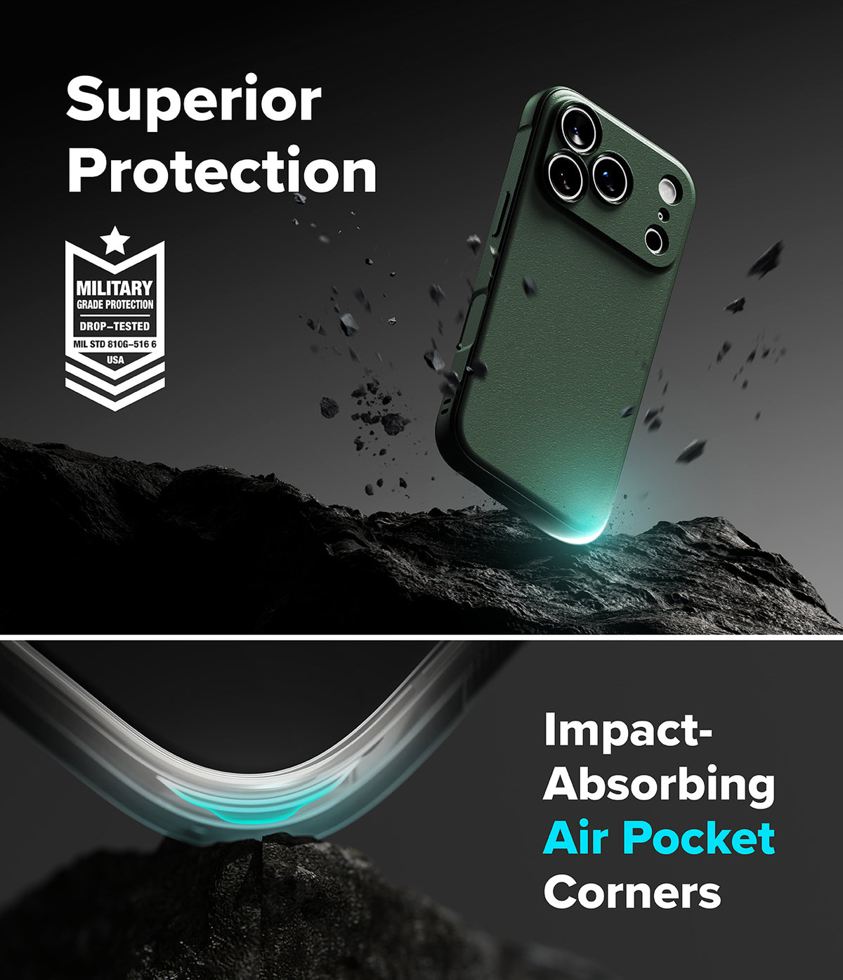 iPhone 18 Pro Case | Onyx - A dark green phone case shown floating above a rocky surface, with marketing text reading 'Superior Protection' and 'Impact-Absorbing Air Pocket Corners.' The image includes a military drop-test badge and a close-up of the curved corner area with glowing teal accent lines.