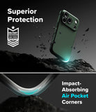 iPhone 18 Pro Case | Onyx - A dark green phone case shown floating above a rocky surface, with marketing text reading 'Superior Protection' and 'Impact-Absorbing Air Pocket Corners.' The image includes a military drop-test badge and a close-up of the curved corner area with glowing teal accent lines.
