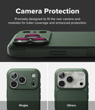 iPhone 18 Pro Case | Onyx - Dark green phone case with a raised camera bumper and magenta ring accents, shown on a phone back. The image includes text reading 'Camera Protection' and two smaller views below labeled 'Ringke' and 'Others' showing the case on different phone back finishes.