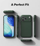 iPhone 18 Pro Case | Onyx - A dark green protective phone case shown from multiple angles on a light gray background, with the text 'A Perfect Fit' at the top. The views include the back of the phone in the case, the side profile, the front of the phone inside the case, and a bottom view showing the charging port opening.