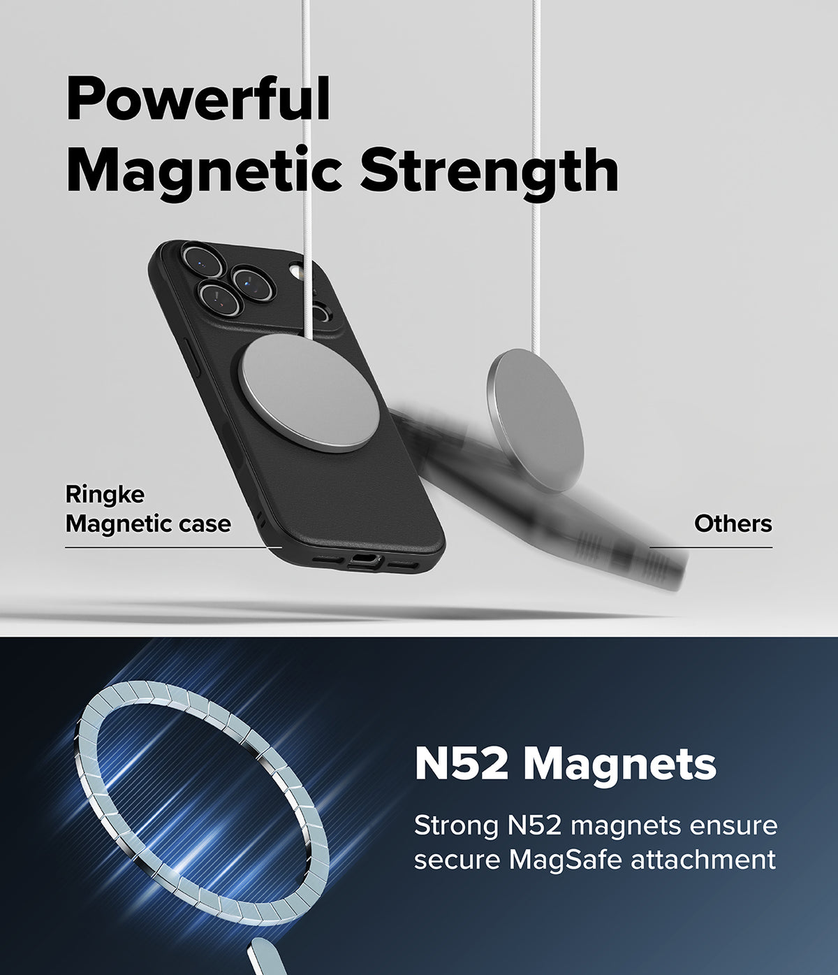 iPhone 18 Pro Case | Onyx Magnetic - Promotional graphic for a black magnetic phone case with large circular MagSafe rings, showing the case and a separate gray ring floating against a light gray background, with text reading 'Powerful Magnetic Strength' and 'Ringke Magnetic case' vs 'Others.' A lower panel shows a blue-toned close-up of a MagSafe ring with text 'N52 Magnets' and 'Strong N52 magnets ensure secure MagSafe attachment.