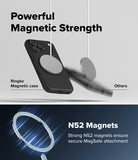 iPhone 18 Pro Case | Onyx Magnetic - Promotional graphic for a black magnetic phone case with large circular MagSafe rings, showing the case and a separate gray ring floating against a light gray background, with text reading 'Powerful Magnetic Strength' and 'Ringke Magnetic case' vs 'Others.' A lower panel shows a blue-toned close-up of a MagSafe ring with text 'N52 Magnets' and 'Strong N52 magnets ensure secure MagSafe attachment.
