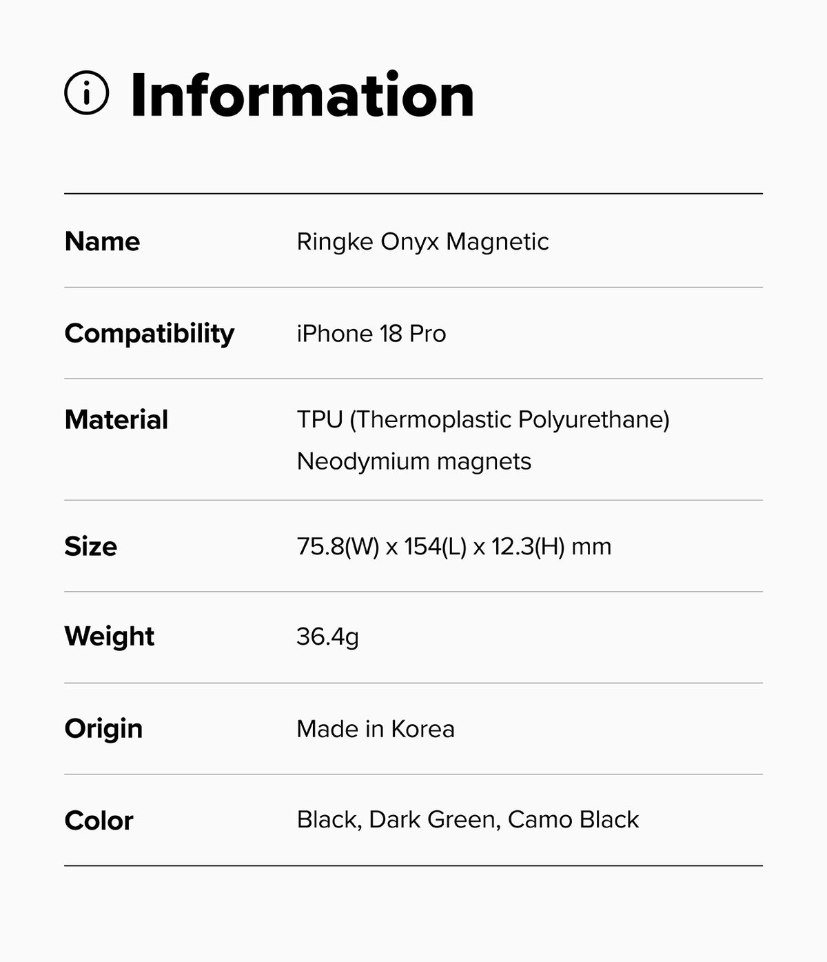iPhone 18 Pro Case | Onyx Magnetic - Product information card for Ringke Onyx Magnetic case with specifications.