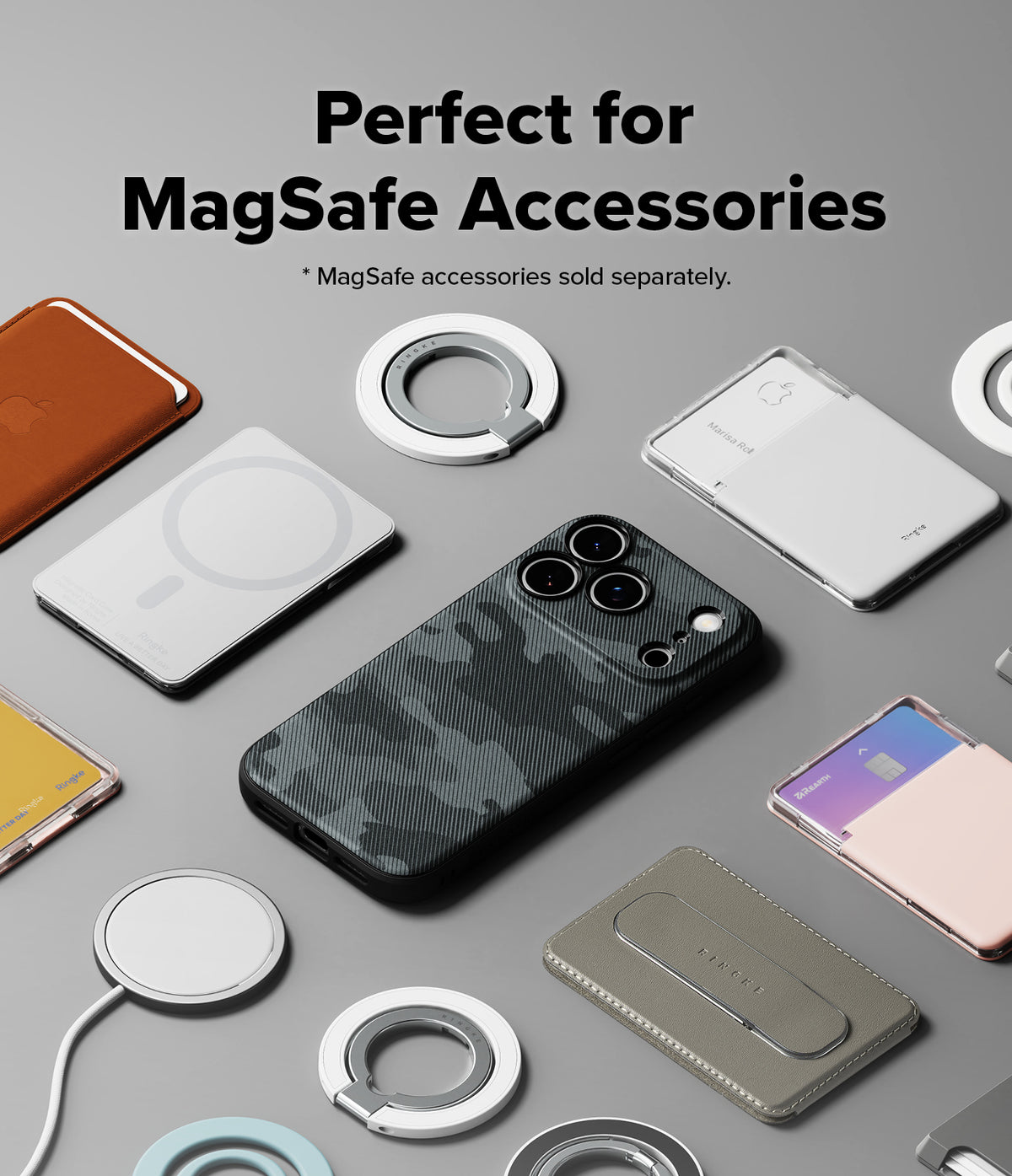 iPhone 18 Pro Case | Onyx Magnetic - A phone case with a dark gray and black camouflage pattern is shown in a flat-lay arrangement with various MagSafe accessories on a light gray background. Text at the top reads 'Perfect for MagSafe Accessories' with a note that MagSafe accessories are sold separately.