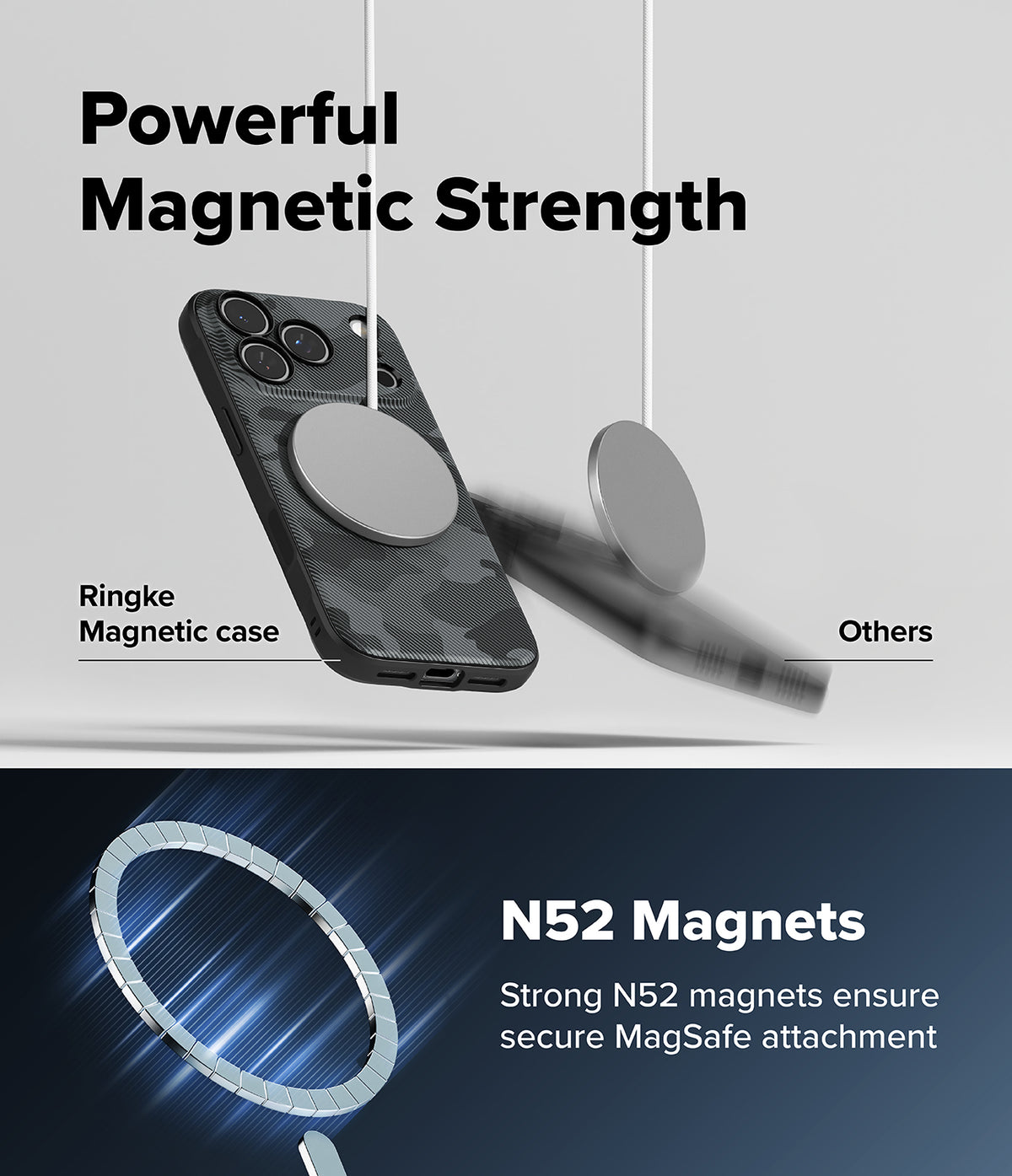 iPhone 18 Pro Case | Onyx Magnetic - Promotional graphic for a magnetic phone case showing a black camouflage Ringke case with a circular MagSafe ring, comparison with generic magnets, and text reading 'Powerful Magnetic Strength' and 'N52 Magnets'.