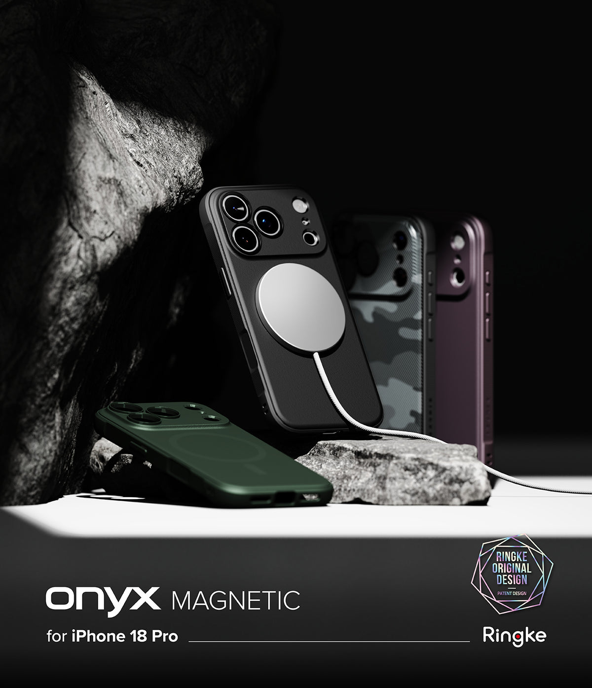 iPhone 18 Pro | Onyx Magnetic - Three Ringke Onyx Magnetic phone cases for iPhone 18 Pro are displayed in a dramatic studio setting with dark rocks. One black case is shown with a white MagSafe ring attached, a green case lies in the foreground, and two additional cases (one camouflage, one dark purple) stand behind.