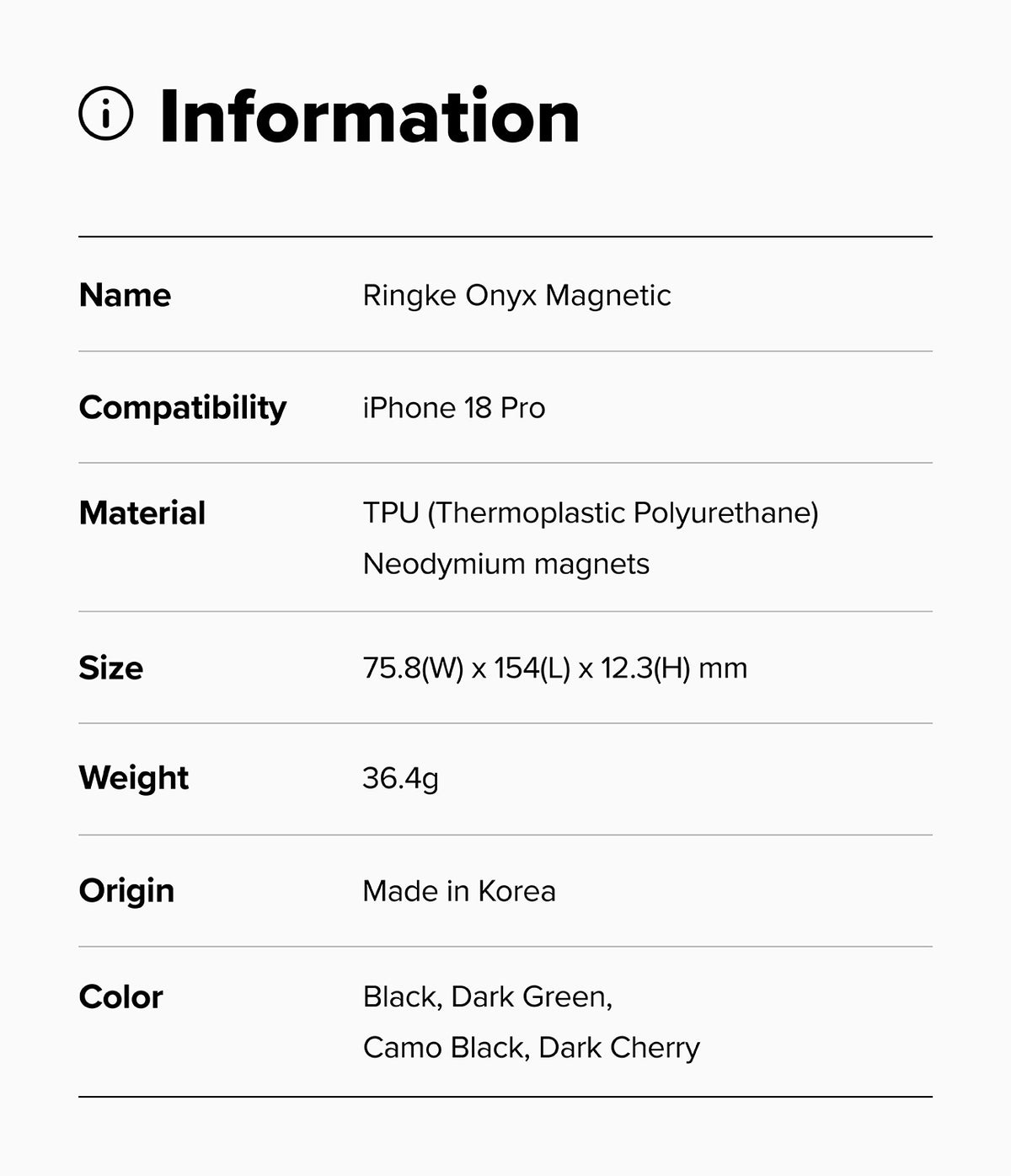 iPhone 18 Pro | Onyx Magnetic - Product information card for Ringke Fusion-X case with specifications on a white background