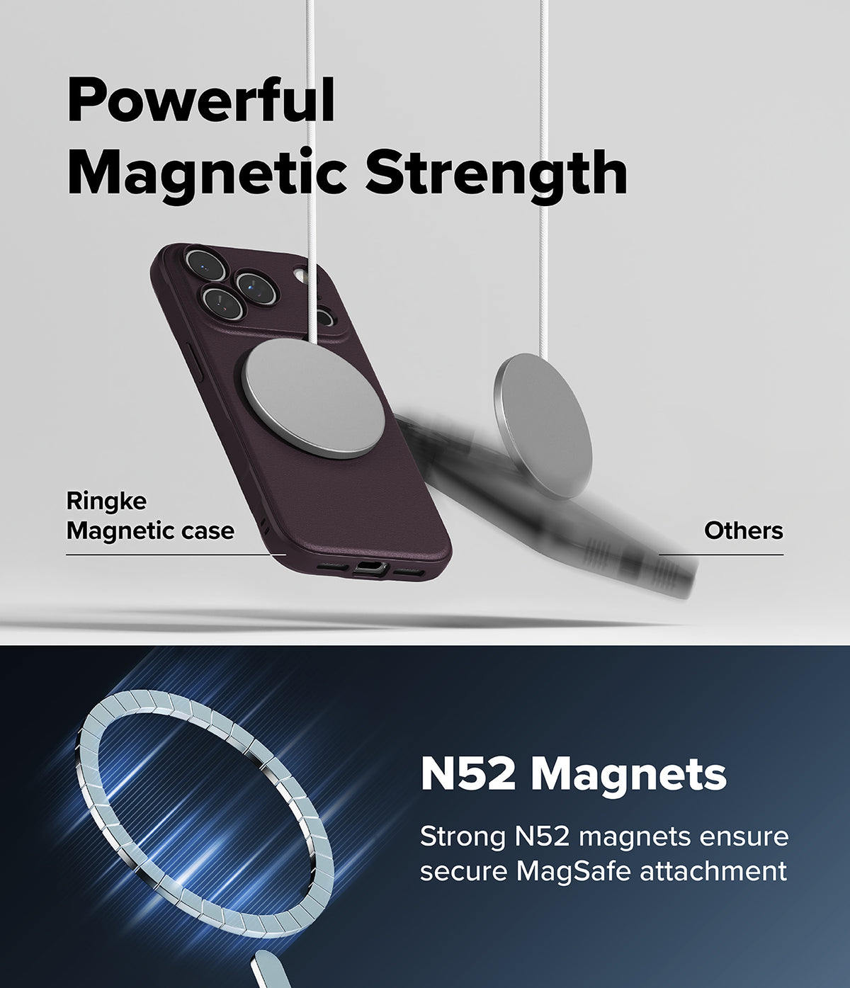 iPhone 18 Pro | Onyx Magnetic - Promotional graphic for a magnetic phone case showing a dark plum ring case with a large circular MagSafe-compatible magnetic ring, alongside a blurred generic case and text reading 'Powerful Magnetic Strength' and 'N52 Magnets'.