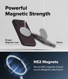 iPhone 18 Pro | Onyx Magnetic - Promotional graphic for a magnetic phone case showing a dark plum ring case with a large circular MagSafe-compatible magnetic ring, alongside a blurred generic case and text reading 'Powerful Magnetic Strength' and 'N52 Magnets'.