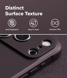 iPhone 18 Pro | Onyx Magnetic - Close-up of a dark textured phone case with camera cutouts, shown with marketing text reading 'Distinct Surface Texture' and feature icons for anti-fingerprint, easy to clean, and premium TPU.