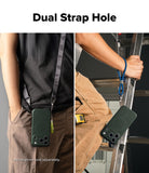 iPhone 18 Pro Case | Onyx Magnetic - A phone case with a dual strap hole feature shown in two lifestyle usage scenarios: worn crossbody on a person and hanging from a ladder rail. The phone case is dark green with a circular magnetic ring and a small lime green keychain accent.