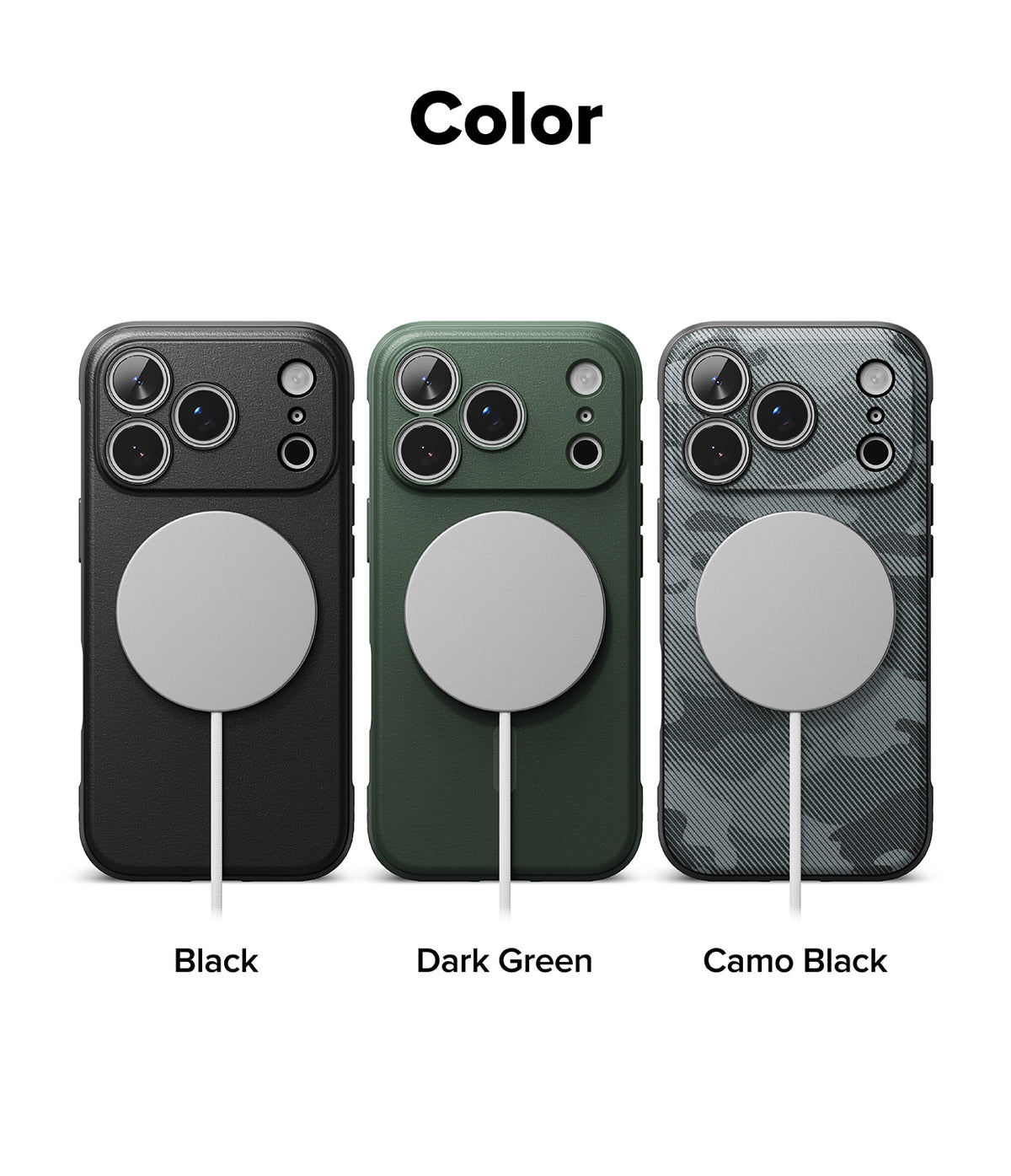 iPhone 18 Pro Case | Onyx Magnetic - Three phone cases shown on a white background under the heading 'Color', labeled Black, Dark Green, and Camo Black. Each case has a circular MagSafe ring and a camera cutout area visible.