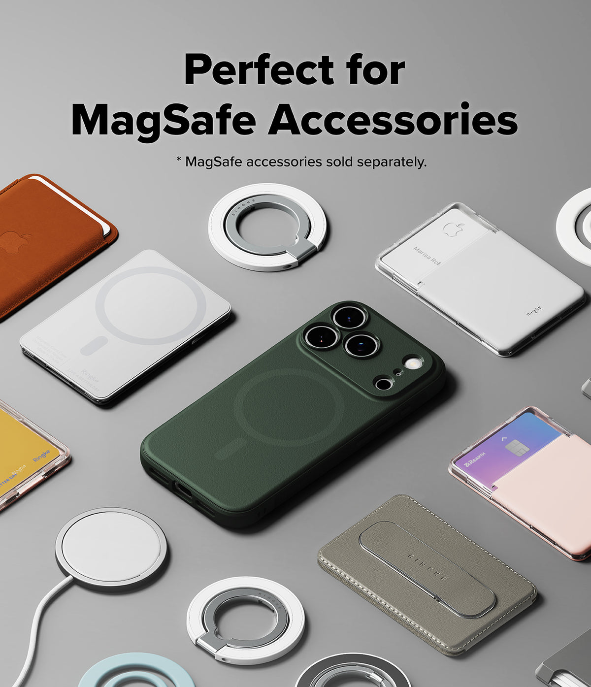 iPhone 18 Pro Case | Onyx Magnetic - A dark green MagSafe-compatible phone case shown on a smartphone, surrounded by various MagSafe accessories like ring stands, a power bank, and a wallet on a gray background. Text at the top reads 'Perfect for MagSafe Accessories' with a note that MagSafe accessories are sold separately.