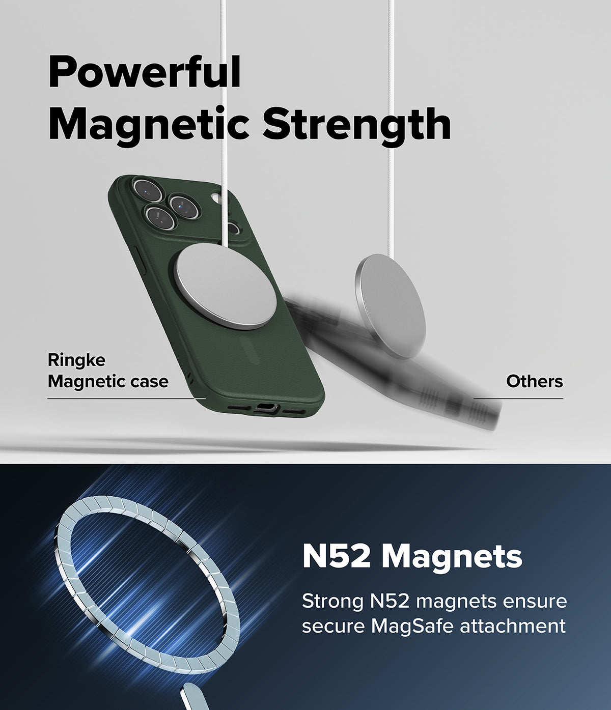 iPhone 18 Pro Case | Onyx Magnetic - Promotional graphic for a dark green magnetic phone case with a large circular MagSafe ring. The image includes text reading 'Powerful Magnetic Strength,' 'Ringke Magnetic case,' 'Others,' and 'N52 Magnets,' with a smartphone shown alongside a floating magnetic ring and a blue-lit close-up of the ring at the bottom.