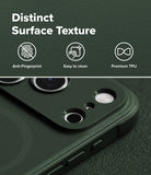 iPhone 18 Pro Case | Onyx Magnetic - Dark green textured phone case with camera cutouts, shown with marketing text reading 'Distinct Surface Texture' and icons for anti-fingerprint, easy to clean, and premium TPU.